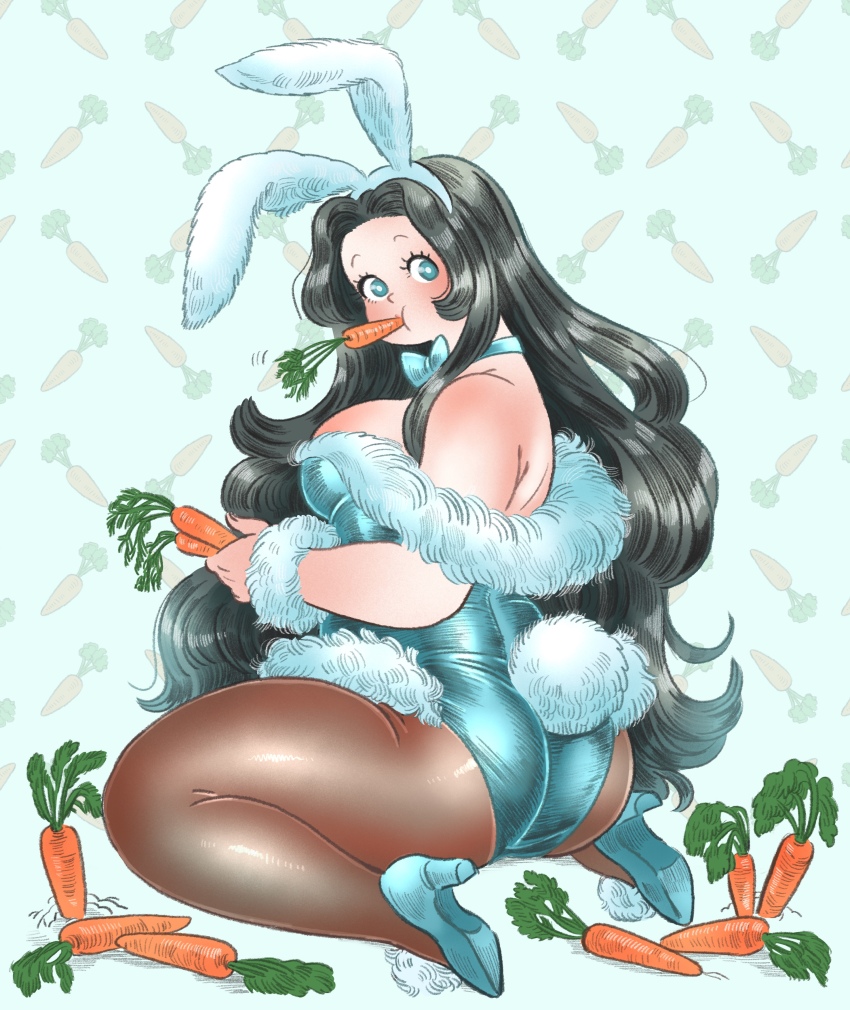 1girl, absurdres, animal_ears, ass, bad_id, bad_twitter_id, black_hair, blue_bow