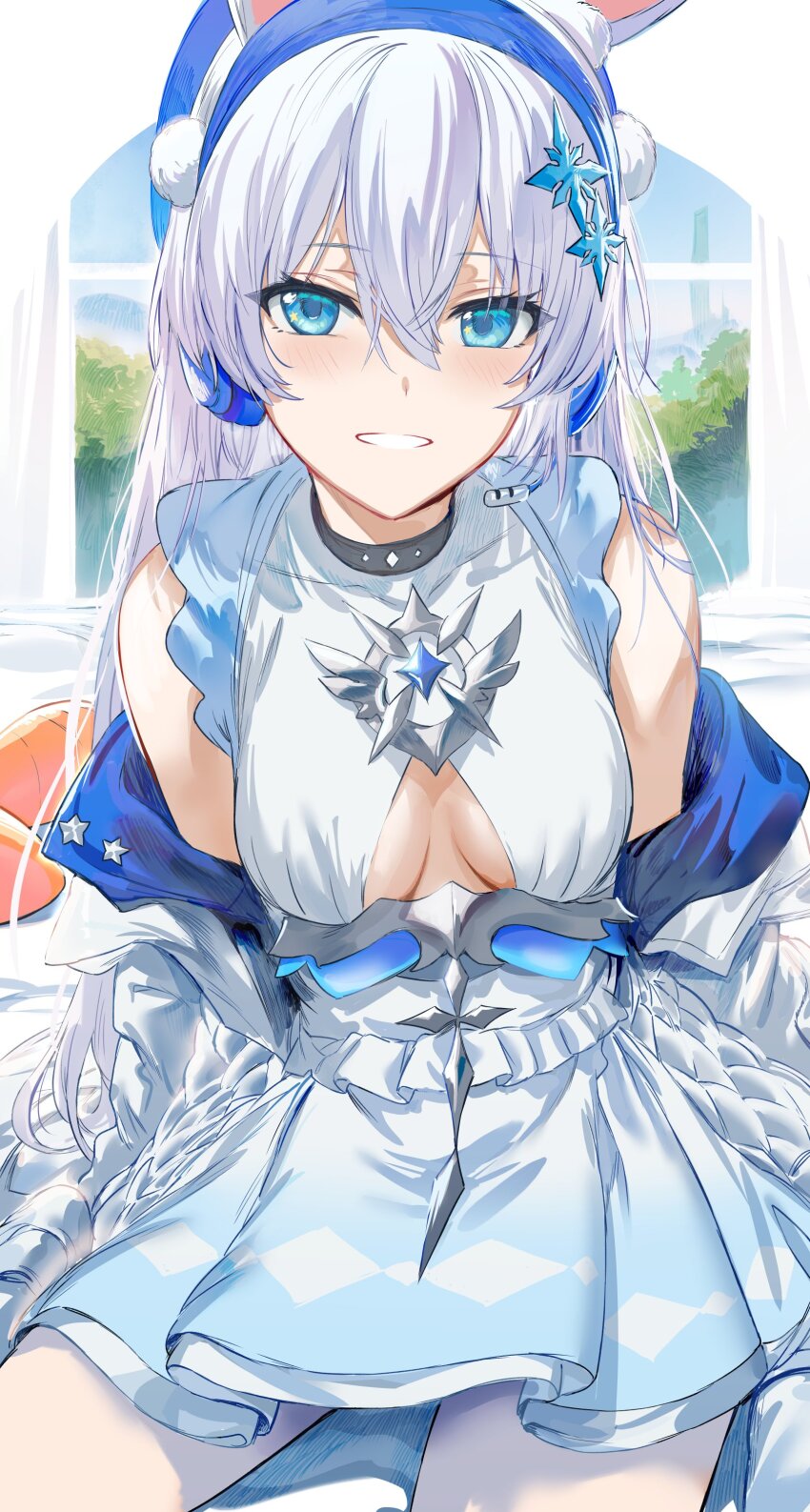 1girl, :d, absurdres, bed, blue_dress, blue_eyes, breasts, brooch, clenched_teeth, dress, gradient_clothes, gradient_dress, grin, hair_ornament, headphones, headset, hews, highres, jacket, jewelry, looking_at_viewer, off_shoulder, open_mouth, shirousa_mikumi, sitting, sketch, skirt, sleeveless, sleeveless_dress, small_breasts, smile, solo, star_(symbol), star_hair_ornament, teeth, thighs, two-sided_fabric, two-sided_jacket, virtual_youtuber, vols, wariza, white_dress