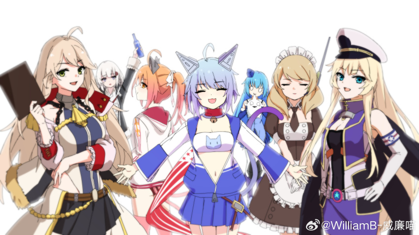 6+girls, absurdres, ahoge, alcohol, american_flag, animal_ears, apron, atlanta_(warship_girls_r)