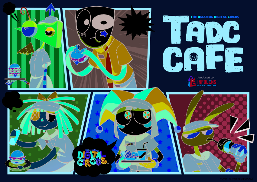 !, !!, 1other, 2024, 2boys, 3girls, absurdres, anime_coloring, aqua_necktie, asymmetrical_eyes, asymmetrical_gloves, az_(ang_z8s), bad_thumbnail, belt, belt_buckle, black_eyes, black_sclera, blue_eyes, blue_hair, blue_shirt, blue_sleeves, blush_stickers, bottle, brown_belt, brown_collar, brown_footwear, brown_hair, brown_hat, brown_pants, brown_skirt, brown_sleeves, bubble_(the_amazing_digital_circus), buckle, burger, button_eyes, buttons, center-flap_bangs, cheese, closed_mouth, collar, collared_shirt, color_issue, colored_sclera, colored_skin, copyright_name, cowboy_shot, cup, dated, disposable_cup, dress_shirt, drinking_straw, eating, eighth_note, emphasis_lines, employee_uniform, english_text, eyelashes, fast_food, fast_food_uniform, food, french_fries, frown, gangle_(the_amazing_digital_circus), gloves, hat, hat_bell, highres, holding, holding_bottle, holding_plate, holding_tray, jax_(the_amazing_digital_circus), jester, jester_cap, jester_costume, ketchup_bottle, large_ears, lettuce, logo, looking_at_viewer, looking_to_the_side, lowered_eyelids, manager, mask, mismatched_gloves, multiple_boys, multiple_girls, musical_note, name_tag, necktie, official_art, paneled_background, pants, plate, pomni_(the_amazing_digital_circus), pop_art, promotional_art, purple_fur, purple_wings, rabbit, rabbit_boy, ragatha_(the_amazing_digital_circus), red_eyes, red_hair, second-party_source, sharp_teeth, shirt, simple_background, single_wing, skirt, speech_bubble, star_on_cheek, striped_clothes, striped_headwear, striped_skin, teeth, the_amazing_digital_circus, theatre_mask, thought_bubble, toon_(style), tray, triangle_nose, two-tone_hat, visor_cap, white_eyes, white_mask, white_skin, wing_collar, wings, yellow_background, yellow_sclera, zooble_(the_amazing_digital_circus)