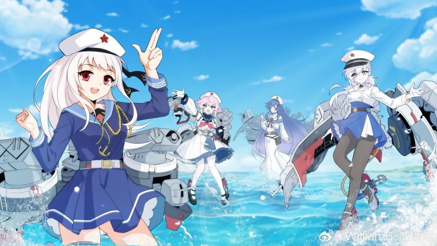 4girls, absurdres, anshan_(warship_girls_r), blue_hair, breasts, changchun_(warship_girls_r), cloud, day