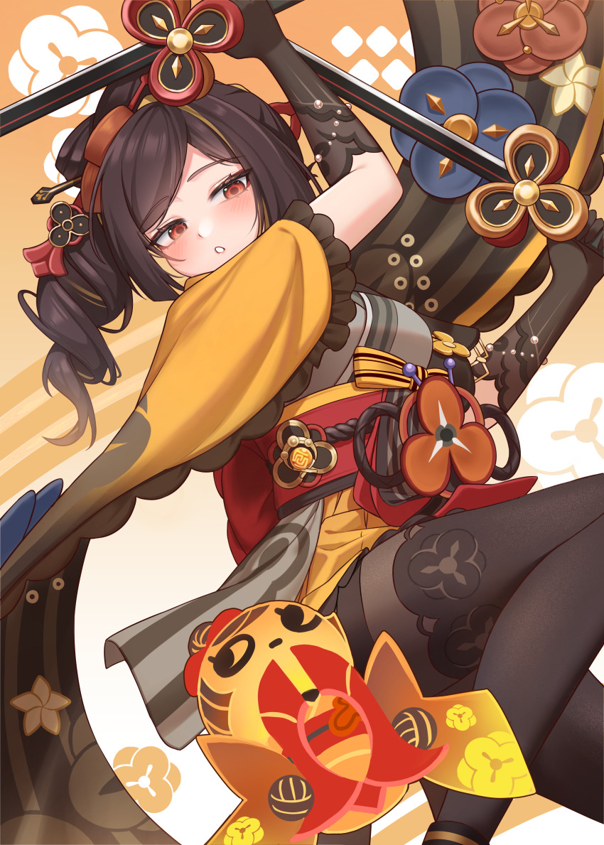 1girl, absurdres, black_gloves, black_hair, black_pantyhose, chiori_(genshin_impact), drill_hair, genshin_impact, gloves, grey_kimono, highres, japanese_clothes, kimono, long_hair, looking_at_viewer, miden_(setoharu_kano), obi, pantyhose, parted_lips, red_eyes, red_sash, sash, side_ponytail, solo, tamoto_(genshin_impact)