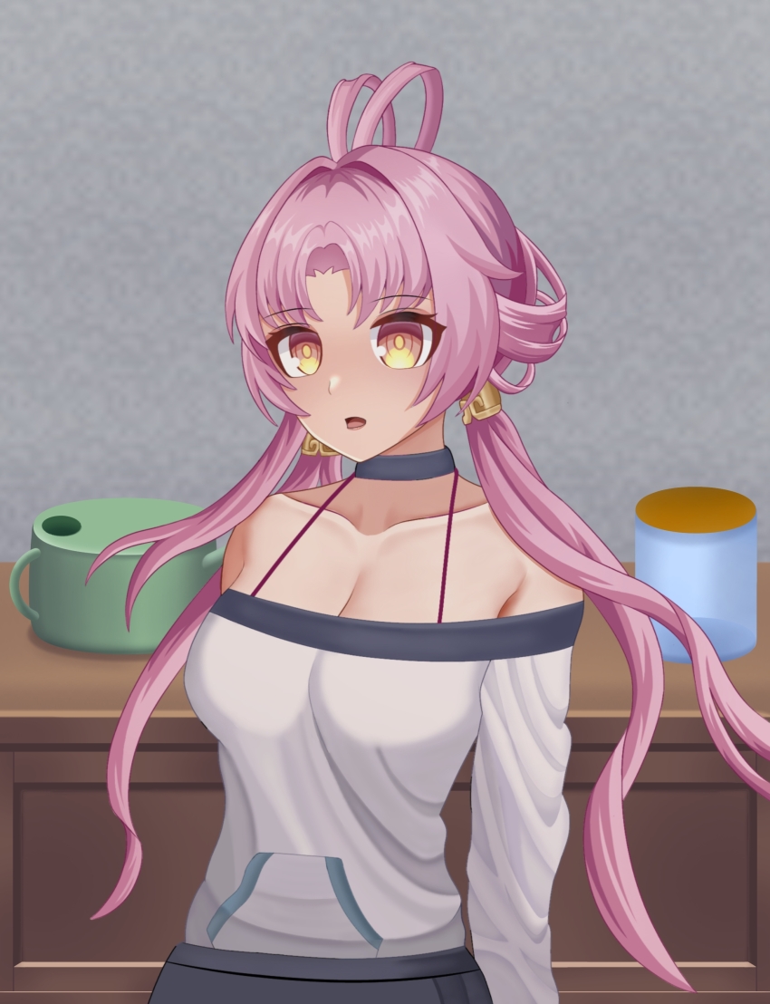 1girl, absurdres, bare_shoulders, black_choker, bra_strap, breasts, choker, cleavage