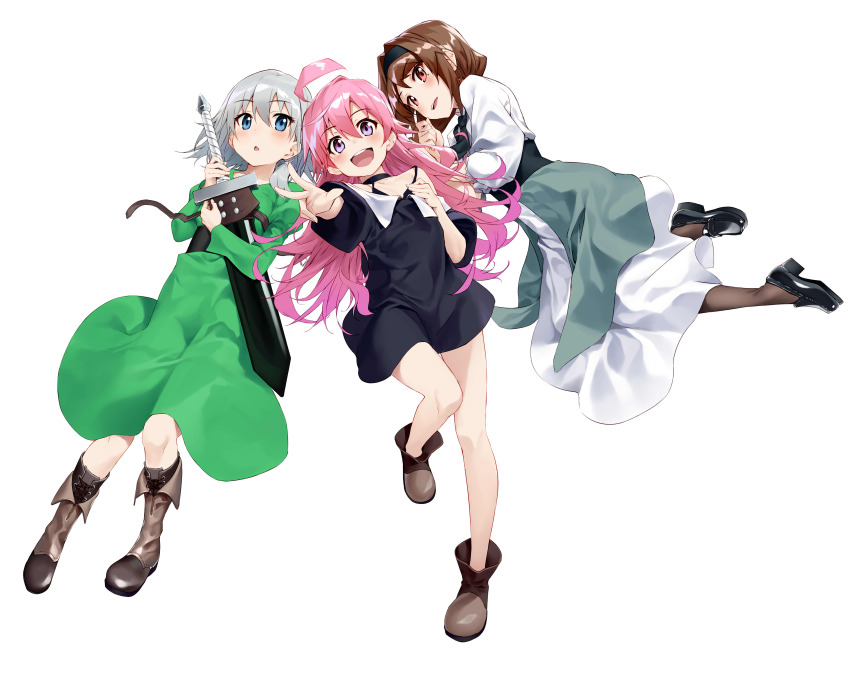 3girls, absurdres, ahoge, anna_(s-rank_boukensha), black_footwear, black_pantyhose, black_shirt, blue_eyes