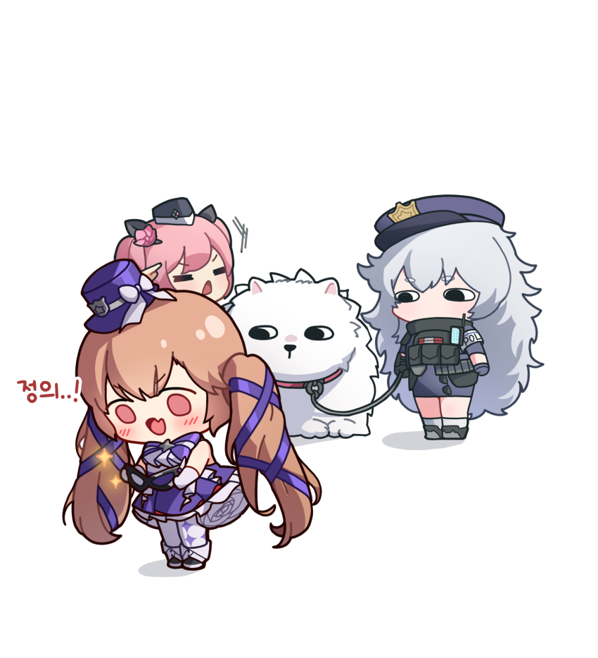 3girls, a.c.p.u._(nikke), black_eyes, black_footwear, black_hat, boots, chibi, closed_eyes