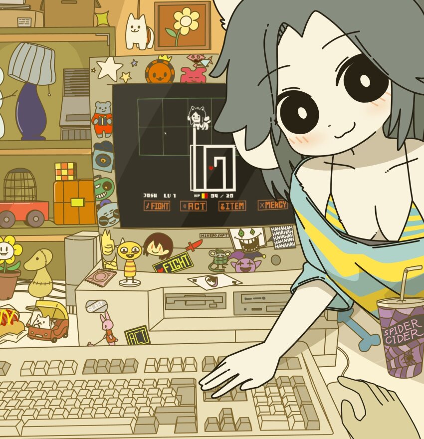 1girl, 1other, :3, animal_ears, annoying_dog, black_eyes, blue_bra, blue_shirt, blush, bone, box, bra, breasts, bright_pupils, card, cardboard_box, chara_(undertale), character_doll, character_request, cleavage, closed_mouth, collarbone, commentary, computer, computer_keyboard, condom, condom_wrapper, cozy_coupe, crt, cup, deltarune, desk, disposable_cup, dog_ears, dog_girl, doll, downblouse, drink, drinking_straw, english_text, flower, flowey_(undertale), furry, furry_female, gameplay_mechanics, grey_hair, hair_intakes, hat, highres, jester_cap, lamp, lampshade, leaning_forward, looking_at_viewer, loose_clothes, loose_shirt, medium_breasts, medium_hair, mike_no_hito, monitor, monster_kid_(undertale), off-shoulder_shirt, off_shoulder, optical_drive, parted_bangs, personification, picture_frame, playing_card, playing_games, playing_video_games, pov, pov_hands, rubik's_cube, shelf, shirt, short_sleeves, smile, solo_focus, spade_(shape), speaker, speech_bubble, star_(symbol), sticker, striped_bra, striped_clothes, striped_shirt, temmie, undertale, underwear, utdr_(toby_fox), white_fur, white_pupils, yellow_bra, yellow_flower, yellow_shirt