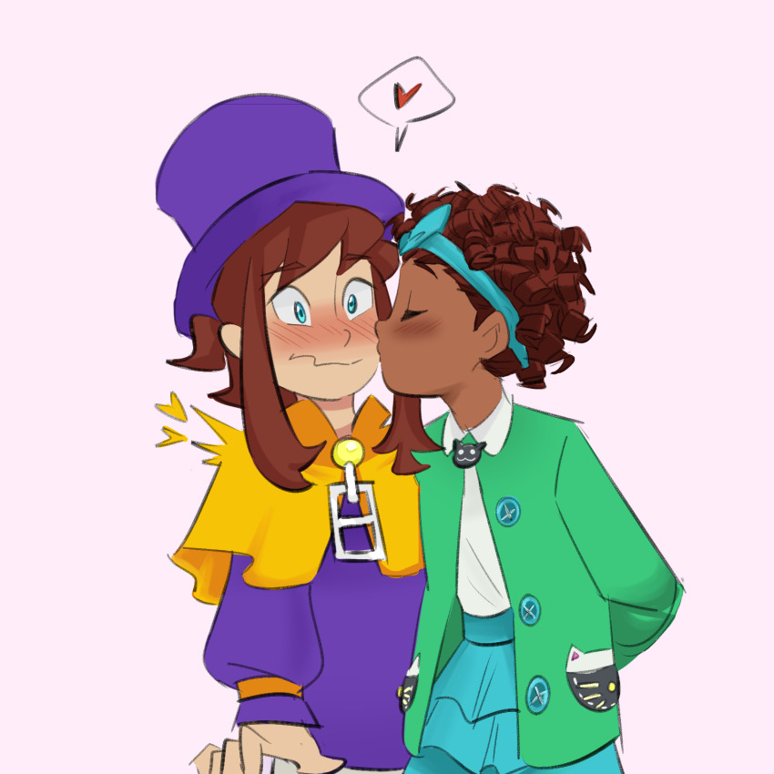 2girls, a_hat_in_time, arm_behind_back, blue_bow, blue_eyes, blue_hairband, blue_skirt, blush, bow, bow_hairband, bow_kid, brown_hair, buttons, capelet, closed_eyes, closed_mouth, commentary, curly_hair, dark-skinned_female, dark_skin, english_commentary, green_jacket, hairband, hat, hat_kid, heart, highres, jacket, kiss, kissing_cheek, kudo_nguyen, long_sleeves, multiple_girls, ponytail, purple_hat, purple_jacket, shirt, sidelocks, simple_background, skirt, speech_bubble, surprised, top_hat, upper_body, wavy_mouth, white_shirt, yellow_capelet, yuri, zipper_pull_tab