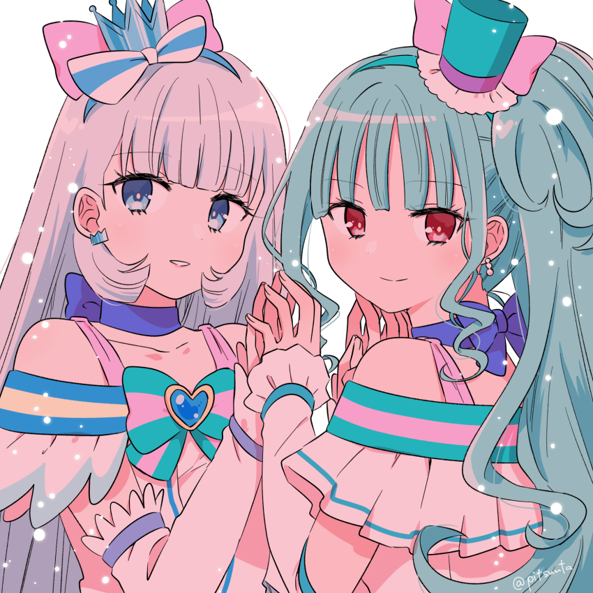 2girls, aqua_bow, aqua_bowtie, aqua_hair, aqua_hairband, aqua_hat, blue_choker, blue_crown