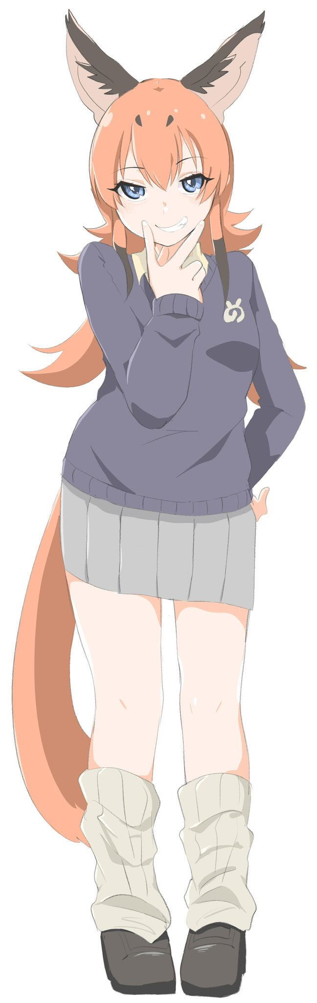 1girl, alternate_costume, animal_ears, blue_eyes, blue_sweater, blush, brown_hair, brown_shoes, caracal_(kemono_friends), cat_ears, cat_girl, cat_tail, full_body, grey_skirt, hair_between_eyes, highres, kamisamanosaba, kemono_friends, loafers, long_hair, long_sleeves, loose_socks, multicolored_hair, orange_hair, pleated_skirt, school_uniform, shoes, sidelocks, skirt, smile, socks, solo, sweater, tail, v, white_socks