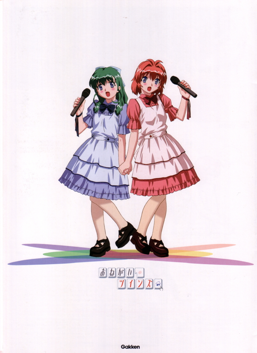 2girls, antenna_hair, apron, aqua_apron, aqua_bow, artist_request, blue_bow, blue_bowtie