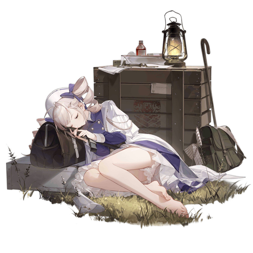 1girl, ahoge, aiguillette, bag, bare_legs, barefoot, basin, black_bag