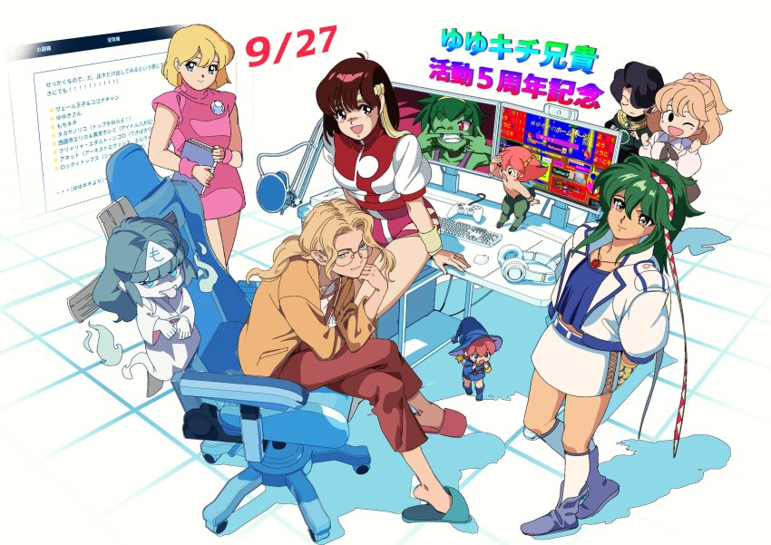 1980s_(style), :d, absurdres, annet_myer, breasts, brown_eyes, brown_hair, chair