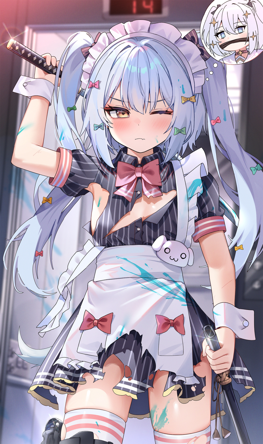 1boy, absurdres, apron, arm_up, blue_hair, blurry, blurry_background, blush