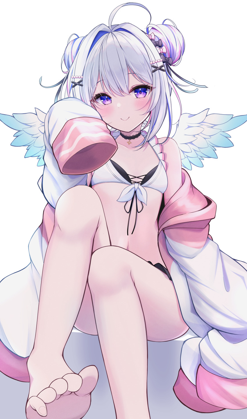 1girl, absurdres, ahoge, amane_kanata, amane_kanata_(summer), angel, angel_wings, barefoot