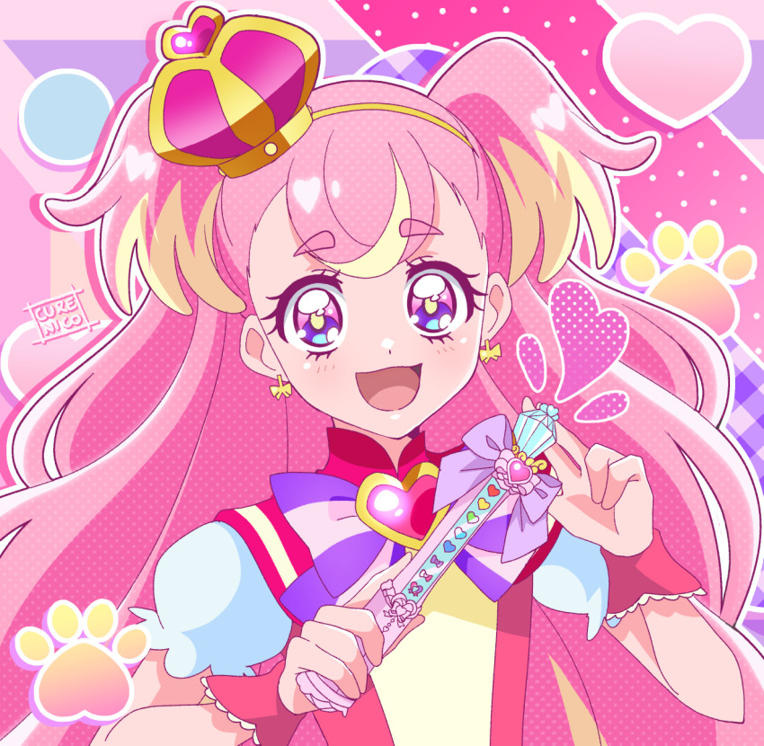 1girl, arched_crown, artist_name, blonde_hair, bow, bowtie, brooch, capelet