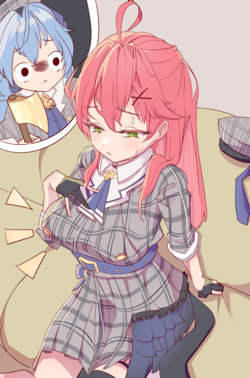 2girls, absurdres, ahoge, axe, belt, beret, black_gloves, blue_belt