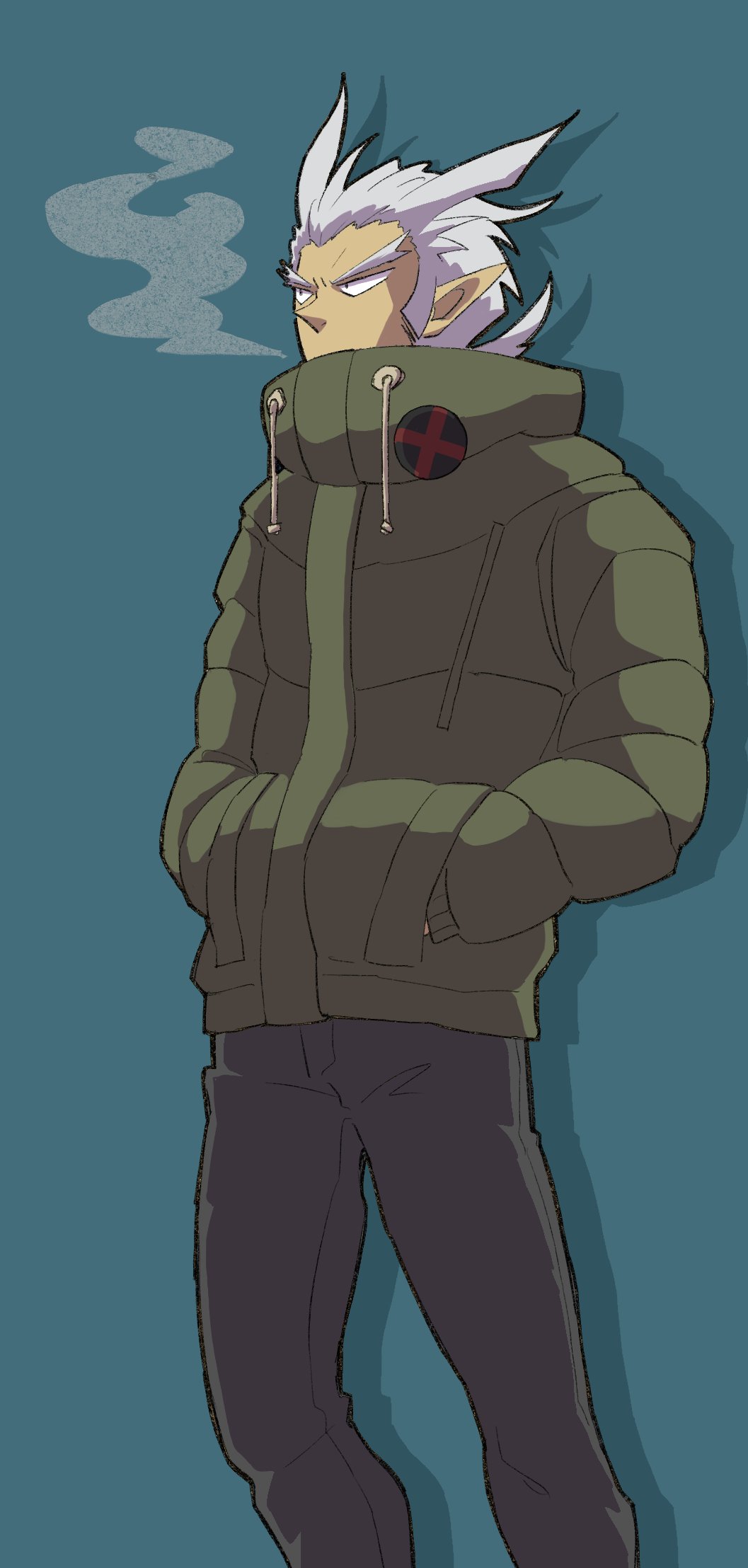 1boy, alternate_costume, coat, hands_in_pockets, highres, male_focus, simple_background, solo