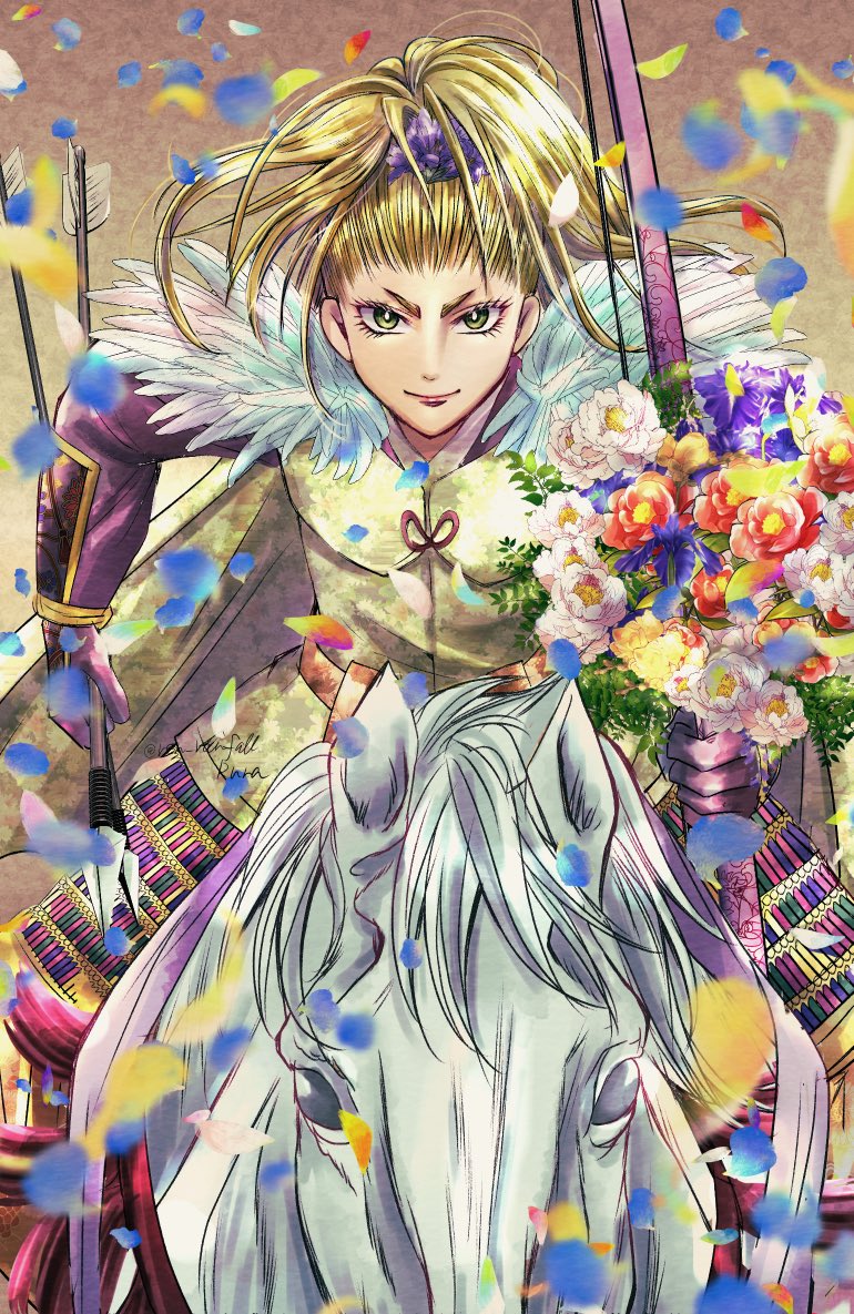 armor, arrow_(projectile), blonde_hair, bow_(weapon), flower, gauntlets, holding, holding_arrow, holding_bow_(weapon), holding_weapon, horse, horseback_riding, japanese_armor, kitabatake_akiie, kote, long_hair, long_sleeves, looking_at_viewer, nige_jouzu_no_wakagimi, ponytail, quiver, riding, runa_(ren_rainfall), smile, very_long_hair, weapon, white_horse