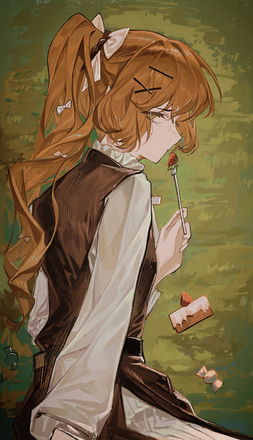 1girl, absurdres, bow, brown_dress, cake, dress, eyes_visible_through_hair, food, fork, from_side, fruit, grass, hair_bow, hair_ornament, hairclip, hand_up, high_ponytail, highres, holding, holding_fork, ishmael_(project_moon), limbus_company, long_hair, long_sleeves, looking_at_viewer, orange_hair, ponytail, profile, project_moon, puffy_long_sleeves, puffy_sleeves, shirt, sitting, solo, sona_(lnjixn), strawberry, upper_body, very_long_hair, white_bow, white_shirt