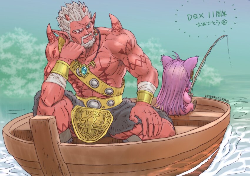 1boy, 1girl, animal_ear_piercing, anniversary, arm_tattoo, beard, boat, chest_tattoo