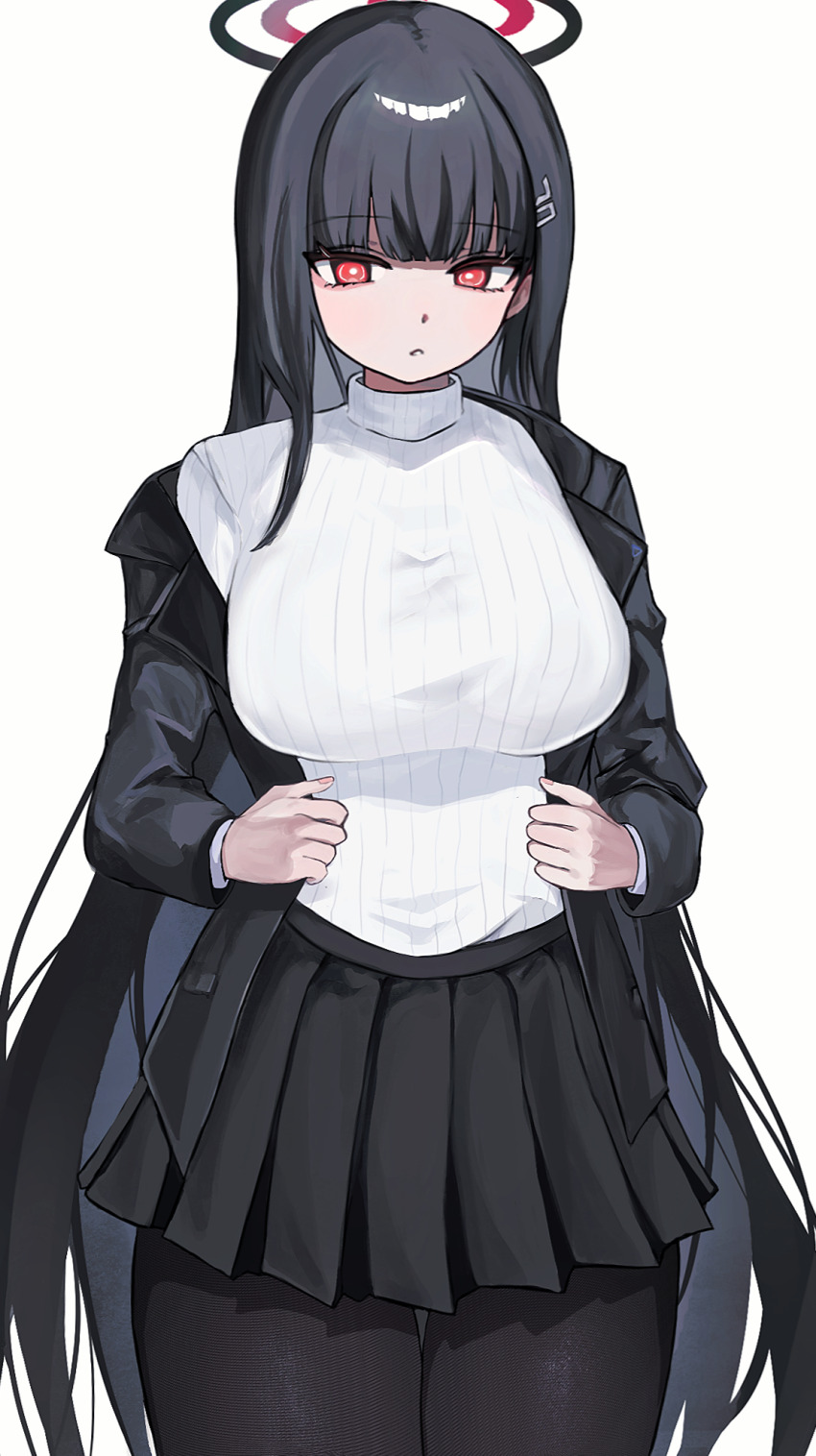 1girl, black_hair, black_pantyhose, blue_archive, blush, breasts, hair_ornament, hairclip