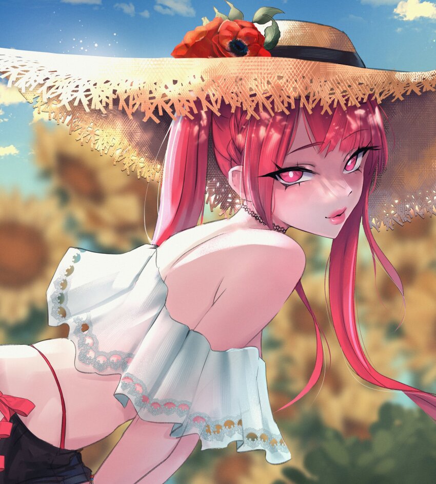 1girl, absurdres, basedkawaii, blue_sky, blurry, blurry_background, bow, braid