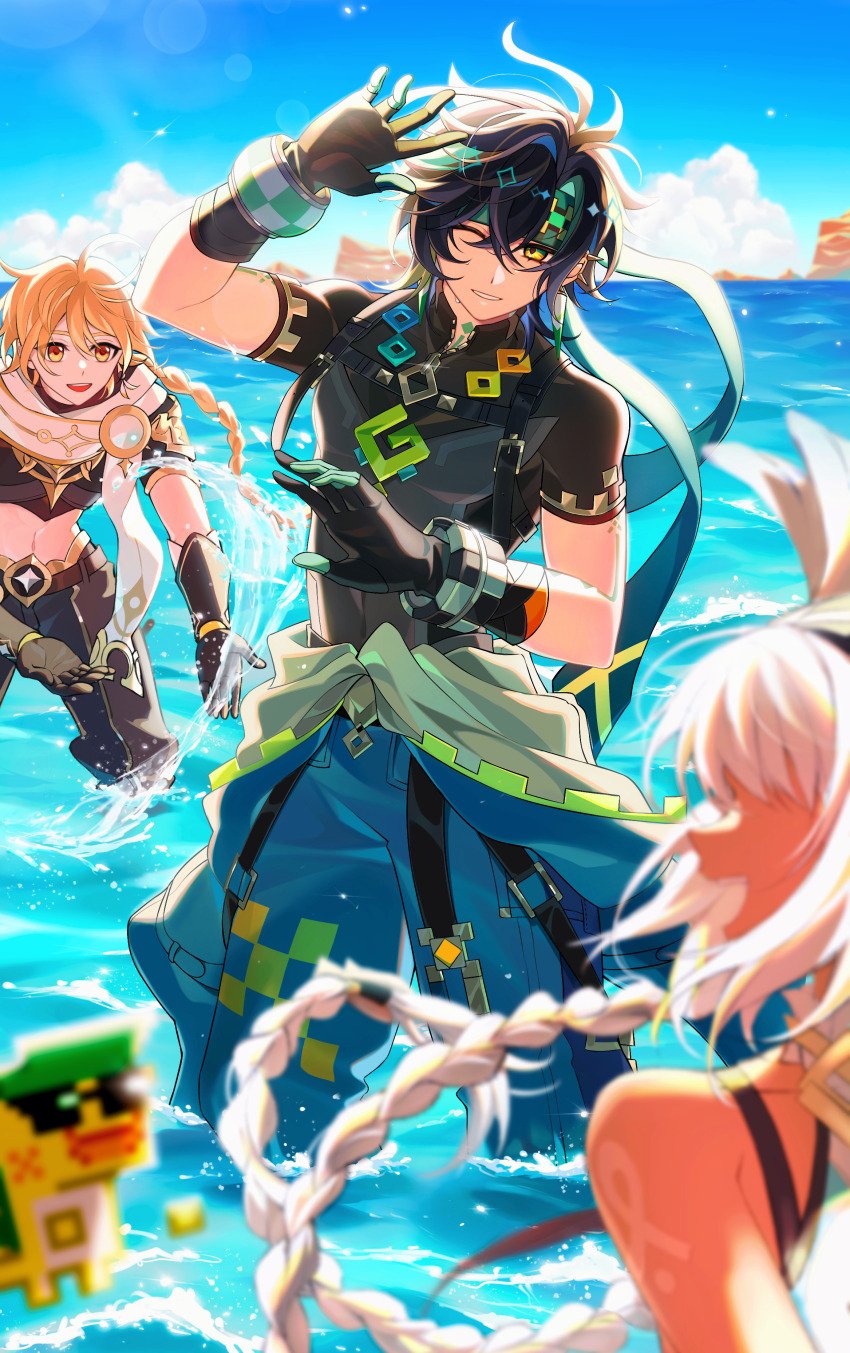 1girl, 2boys, absurdres, aether_(genshin_impact), ajaw_(genshin_impact), aqua_pants, beach, black_gloves