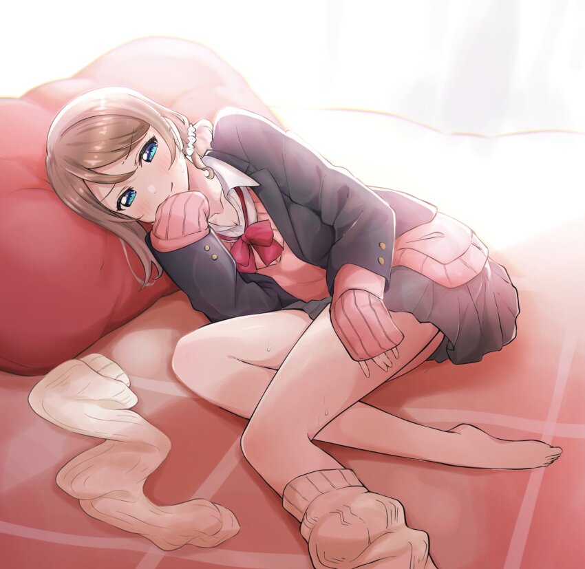 1girl, alternate_hairstyle, bed, black_jacket, blue_eyes, blush, bow, bowtie