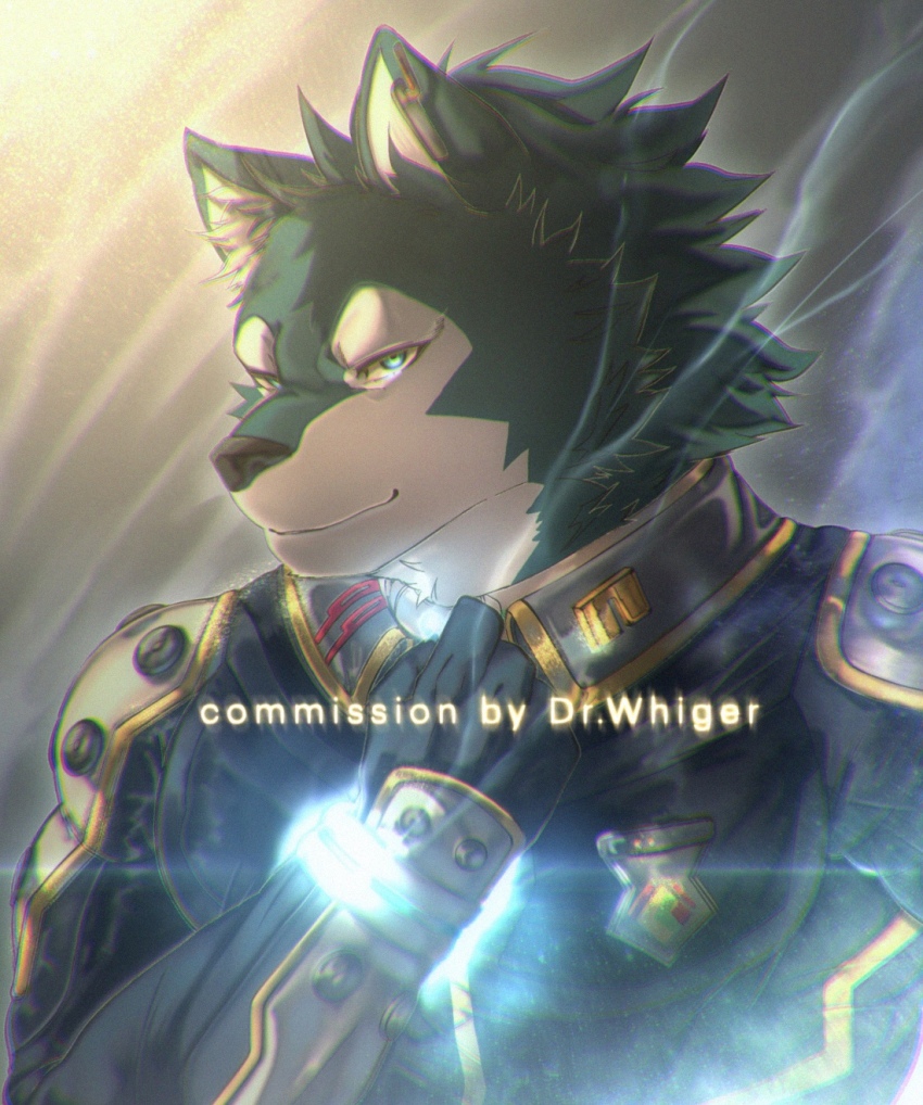 1boy, badge, bara, black_jacket, blue_eyes, breke_(housamo), closed_mouth, commentary