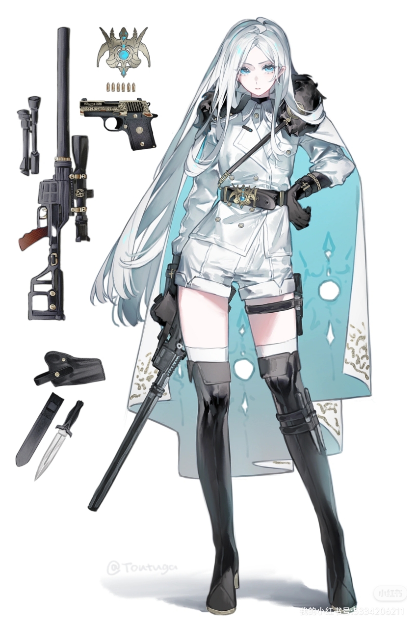1girl, absurdres, artist_name, badge, belt, belt_buckle, black_belt, black_boots, black_gloves, blue_cape, blue_eyes, boots, buckle, cape, reference_sheet, chinese_commentary, collared_jacket, commentary_request, dagger, dot_nose, double-parted_bangs, expressionless, eyelashes, full_body, fur-trimmed_cape, fur_trim, gloves, gun, hand_on_own_hip, handgun, high-waist_belt, high_heel_boots, high_heels, highres, holding, holding_gun, holding_weapon, holster, jacket, knife, lapels, leather, leather_boots, long_hair, long_sleeves, looking_at_viewer, military_uniform, notched_lapels, original, parted_lips, pointy_ears, shadow, sheath, shiguilinga, shotgun, simple_background, solo, standing, straight_hair, thigh_belt, thigh_boots, thigh_strap, thighhighs, two-sided_cape, two-sided_fabric, very_long_hair, weapon, white_background, white_cape, white_hair, white_jacket, white_thighhighs, xiaohongshu_logo