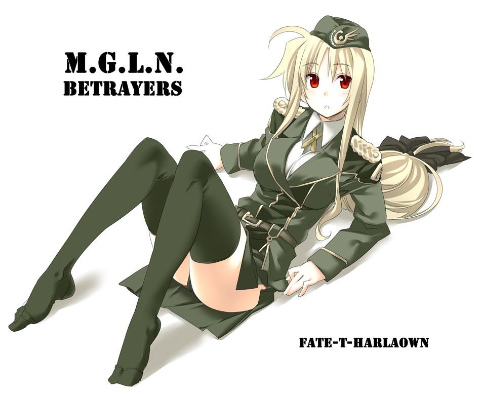 00s, 1girl, archerko_(himura_kiseki), arm_support, blonde_hair, breasts, character_name, fate_testarossa