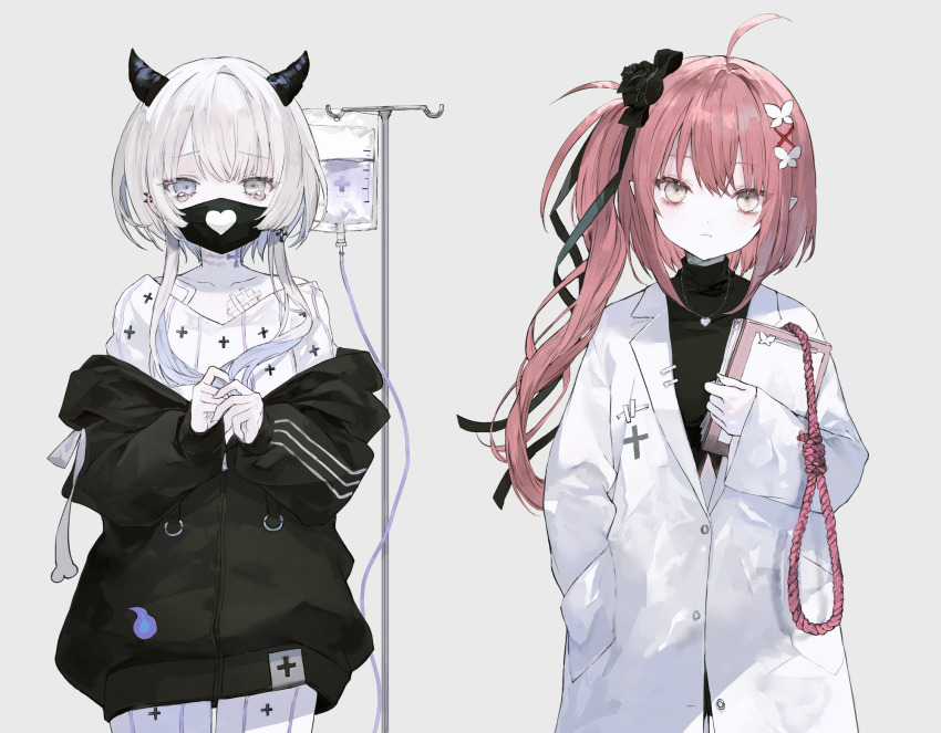 2girls, ahoge, bandaid_on_chest, black_choker, black_flower, black_hoodie, black_horns, black_ribbon