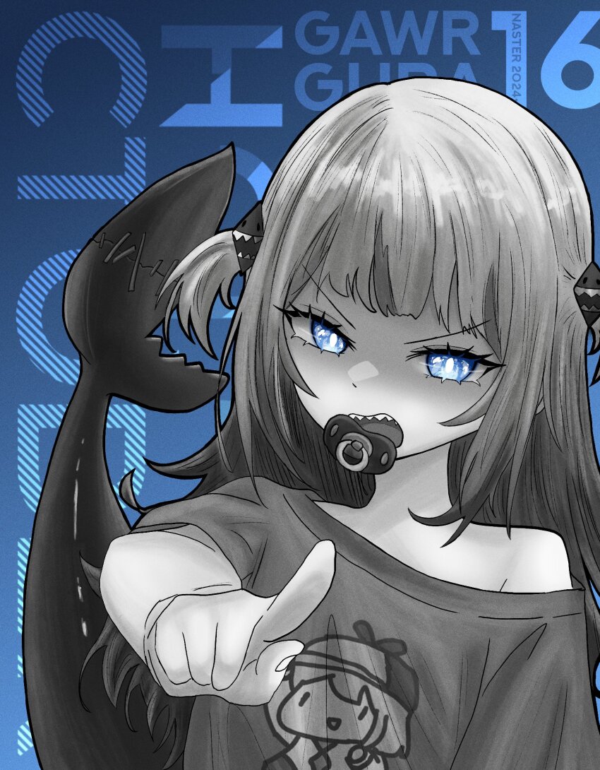 1girl, alternate_costume, blue_eyes, fins, fish_tail, gawr_gura, hair_ornament, highres