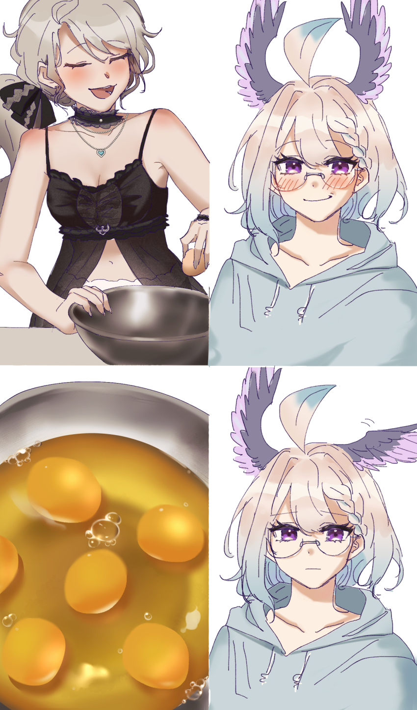 2girls, ahoge, babydoll, black_babydoll, black_choker, blonde_hair, blush, braid, breasts, casual, choker, cleavage, closed_eyes, eden_gross_cooking_reaction_(meme), egg, egg_yolk, enna_alouette, expressionless, glasses, gradient_hair, grey_hair, grey_hoodie, hair_between_eyes, head_wings, highres, hood, hoodie, long_hair, medium_hair, meme, mixing_bowl, mpinfandom, multicolored_hair, multiple_girls, navel, nijisanji, nijisanji_en, open_mouth, ponytail, purple_eyes, reimu_endou, reimu_endou_(4th_costume), small_breasts, smile, spaghetti_strap, virtual_youtuber, wings, yuri