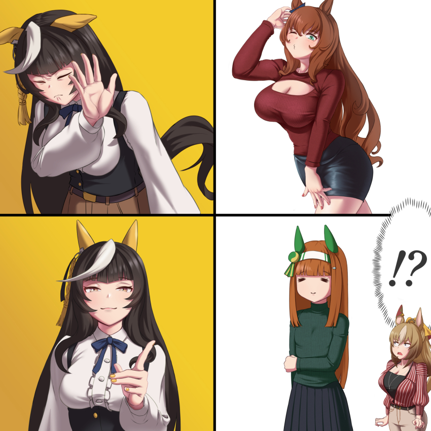 !?, 4girls, =_=, ahoge, alternate_costume, animal_ears, blue_eyes, blush