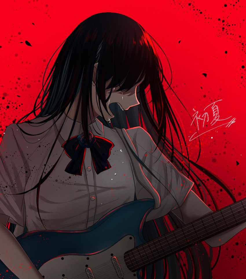 1girl, ado_(utaite), black_bow, black_bowtie, black_hair, blue_flower, blue_hair, blue_rose