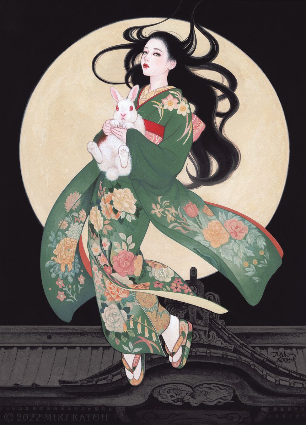 1girl, animal, black_hair, floating, floating_hair, floral_print, floral_print_kimono, full_body, green_kimono, highres, holding, holding_animal, huge_moon, japanese_clothes, kaguya_hime, kimono, long_hair, miki_katoh_(hinamokuren), moon, night, obi, pink_sash, print_kimono, rabbit, red_lips, sandals, sash, socks, solo, tabi, taketori_monogatari, white_rabbit_(animal), white_socks, zouri