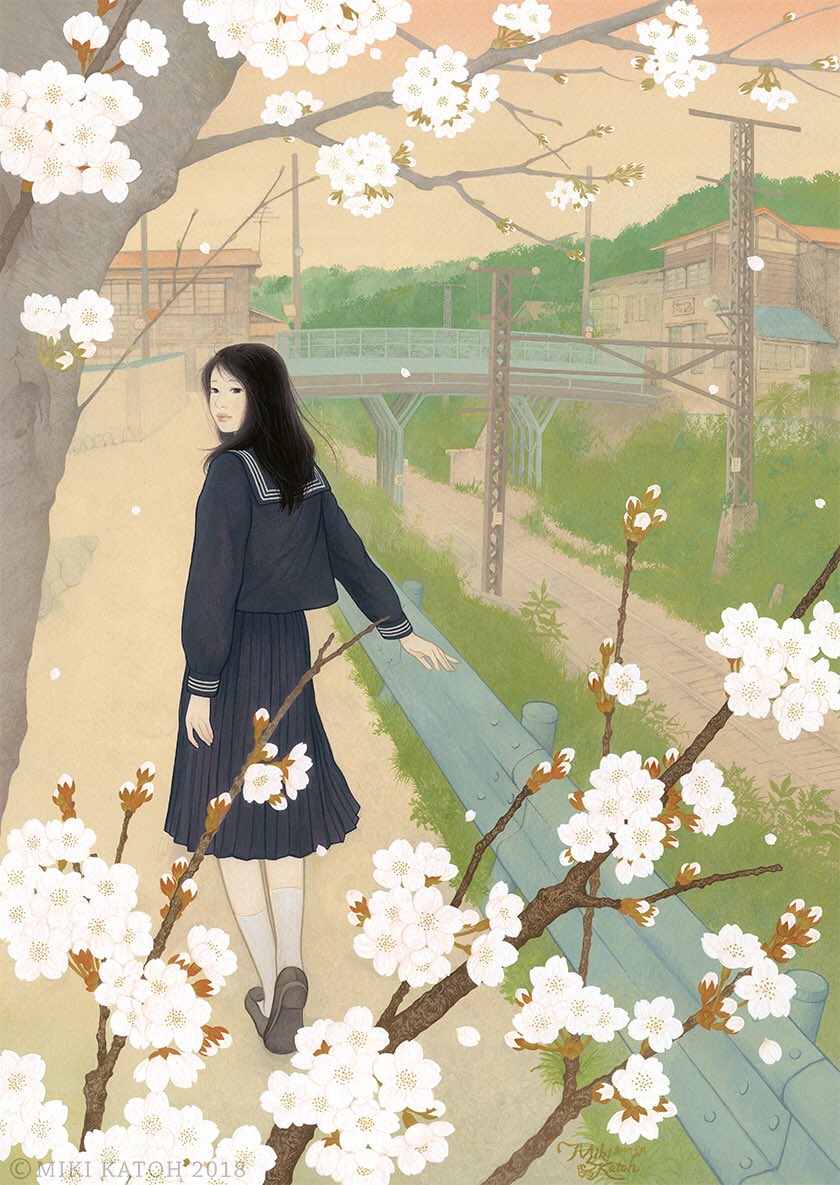 1girl, architecture, artist_name, black_eyes, black_hair, black_sailor_collar, black_serafuku, black_shirt, black_skirt, bridge, cherry_blossoms, cityscape, dated, east_asian_architecture, fence, from_behind, grass, loafers, looking_back, miki_katoh_(hinamokuren), original, sailor_collar, school_uniform, serafuku, shirt, shoe_soles, shoes, skirt, socks, solo, tree, utility_pole, walking, white_socks