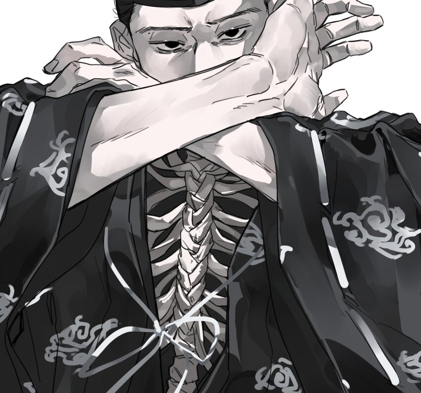 black_kimono, highres, houjou_yoshitoki_(kamakura-dono_no_13-nin)_(shikken), japanese_clothes, kamakura-dono_no_13-nin, kimono, skeleton