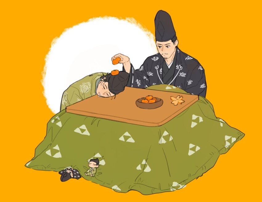 2boys, black_kimono, facial_hair, food, fruit, goatee, hat, houjou_yasutoki_(kamakura-dono_no_13-nin)