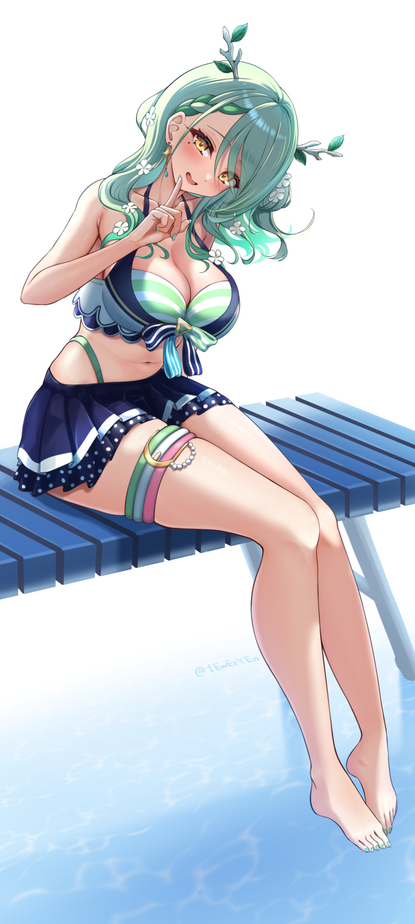 1girl, absurdres, barefoot, bikini, bikini_skirt, braid, breasts, brown_eyes