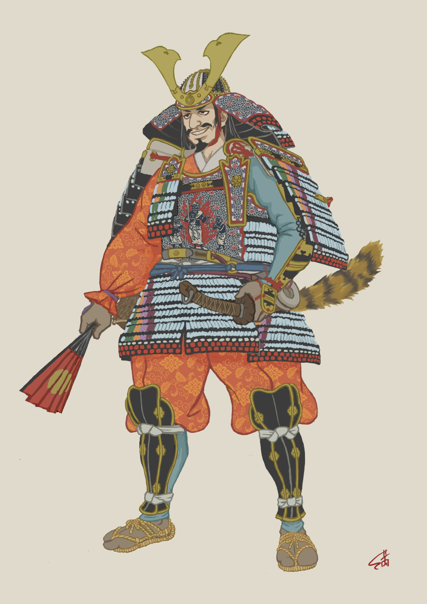 armor, ashikaga_takauji, hand_fan, helmet, highres, holding, holding_fan, japanese_armor