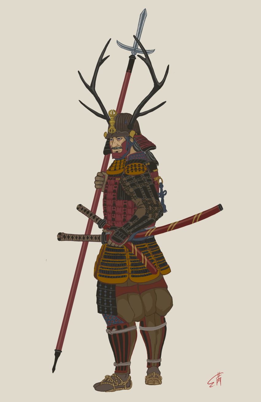 17th_century, 1boy, antlers, armor, facial_hair, helmet, highres, horns, japanese_armor, kabuto_(helmet), late_sengoku_period, male_focus, mustache, polearm, real_life, sama-no-kami_(artist), sanada_yukimura_(real_life), sengoku_jidai, spear, sword, tachi_(weapon), wakizashi, weapon, yari