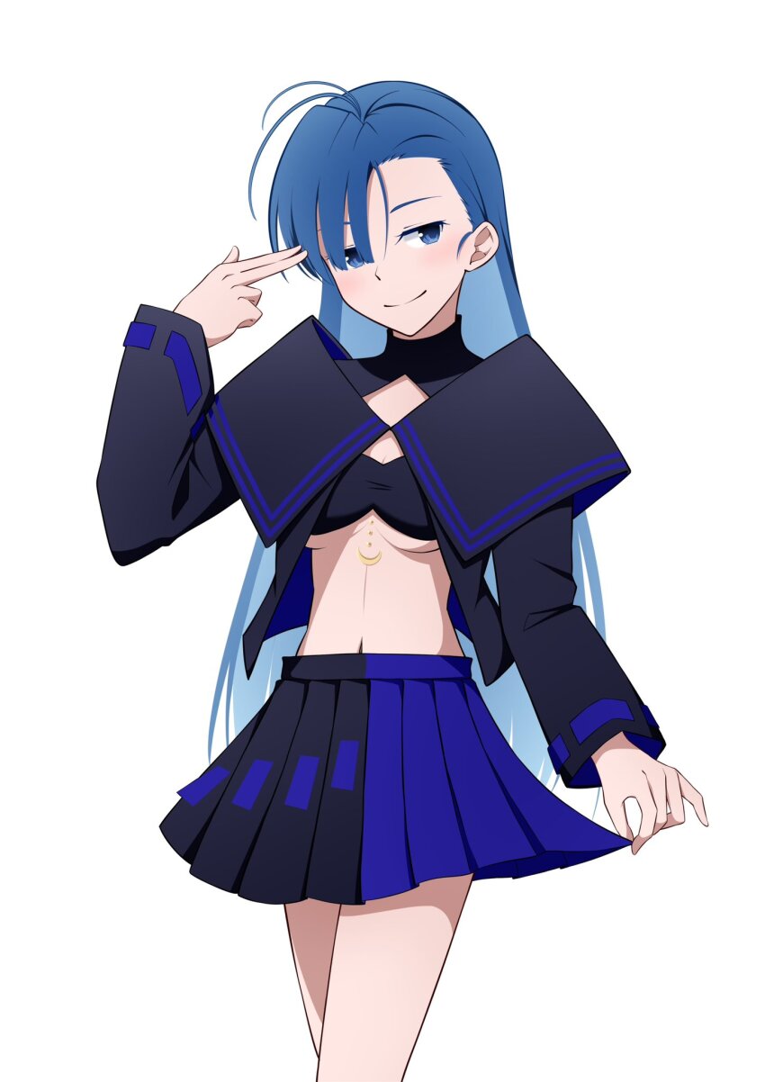 1girl, ado_(utaite), ahoge, black_shirt, black_skirt, blue_eyes, blue_hair, blue_skirt, breasts, closed_mouth, commentary_request, cosplay, finger_gun, finger_gun_to_head, highres, long_hair, long_sleeves, looking_at_viewer, medium_breasts, merry_(ado), naima_(ado), naima_(ado)_(cosplay), navel, nori_(norinori_yrl), open_clothes, open_shirt, pleated_skirt, readymade_(ado), shirt, simple_background, skirt, solo, stomach, two-tone_skirt, underboob, usseewa, white_background
