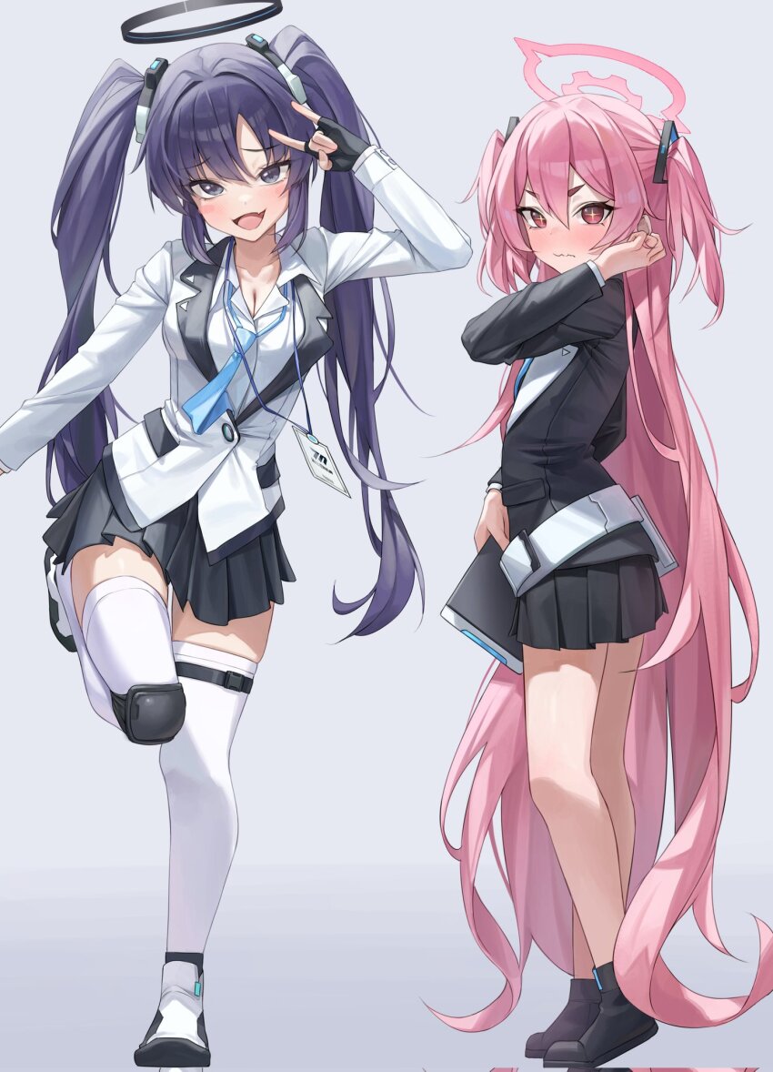 2girls, :d, \n/, black_eyes, black_footwear, black_halo, black_jacket, black_skirt