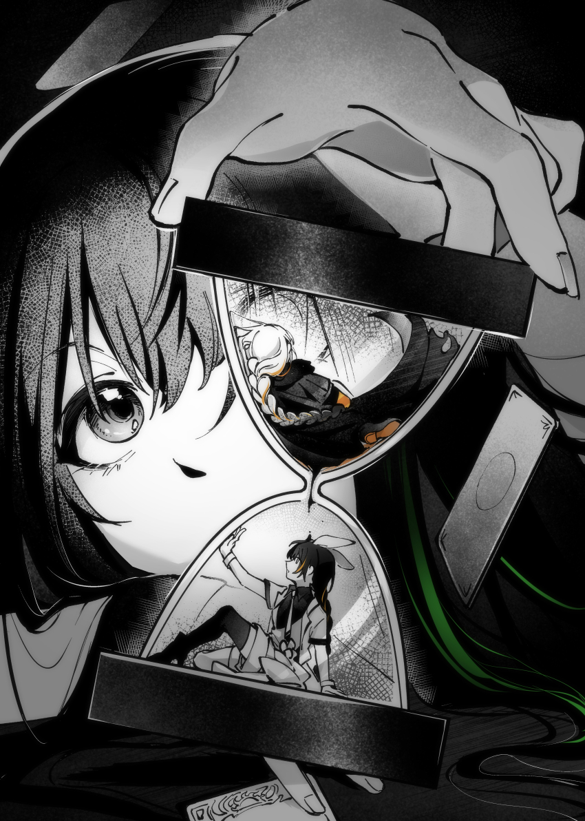 3girls, absurdres, chinese_commentary, commentary_request, fingernails, girls'_frontline, green_hair, greyscale