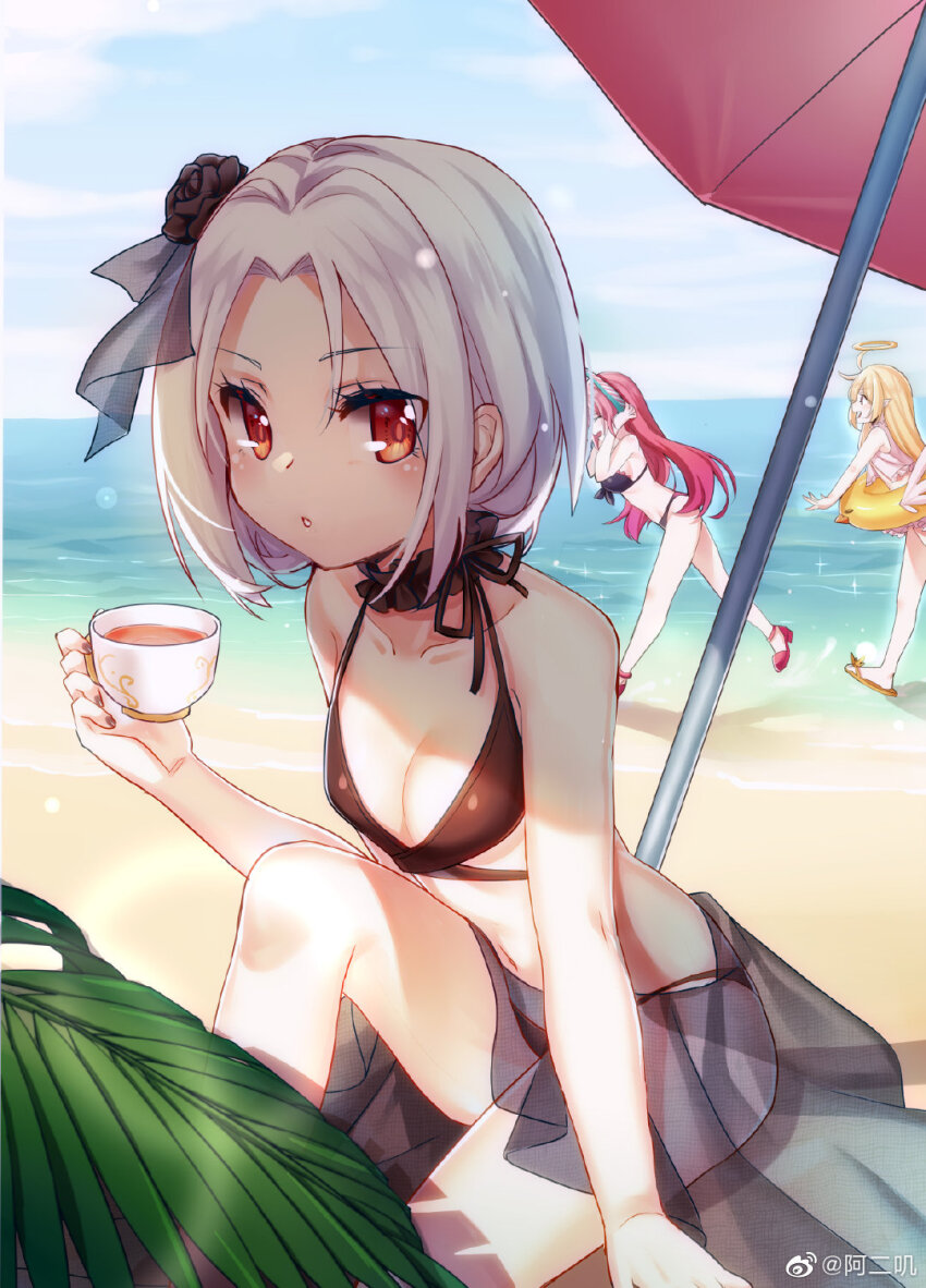 3girls, :o, aer_(tengqiu), arm_support, aviere_(warship_girls_r), bare_arms, bare_shoulders, beach