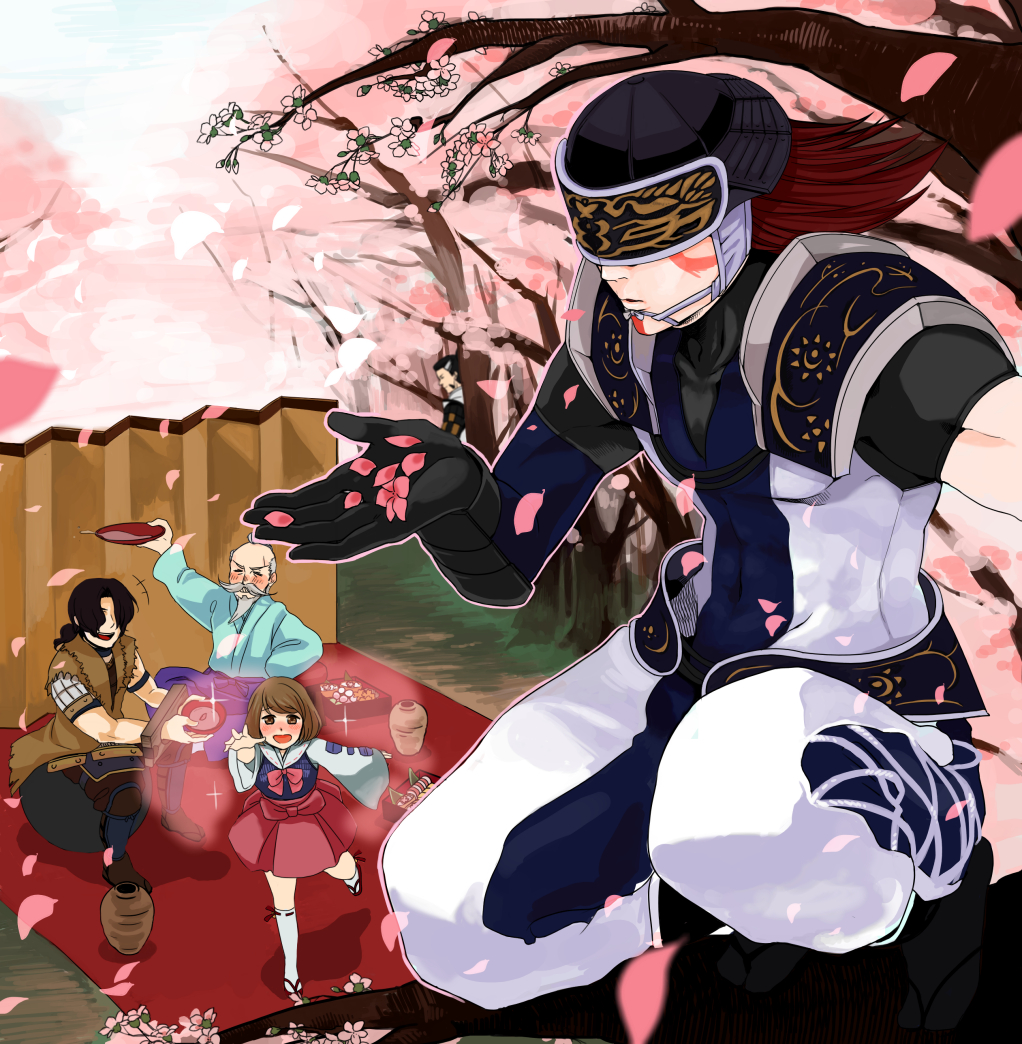 1girl, 3boys, :d, asymmetrical_sleeves, beard, black_gloves, black_hair, black_helmet