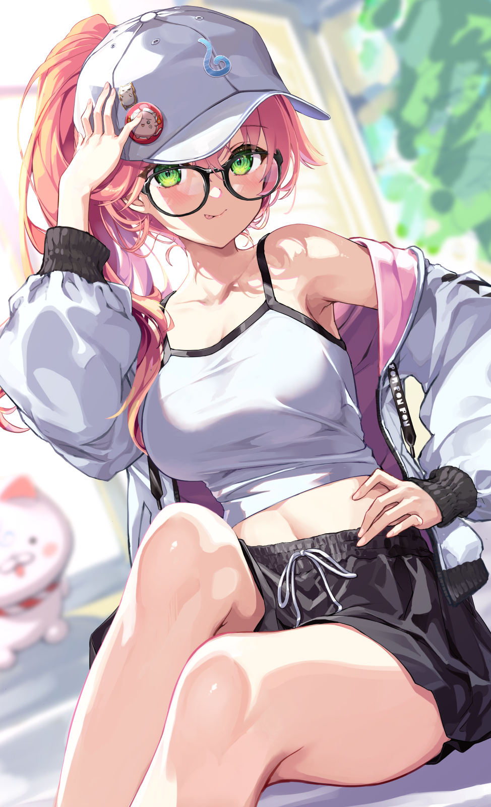 1girl, 35p_(sakura_miko), :q, adjusting_clothes, adjusting_headwear, alternate_costume, baseball_cap, black_shorts