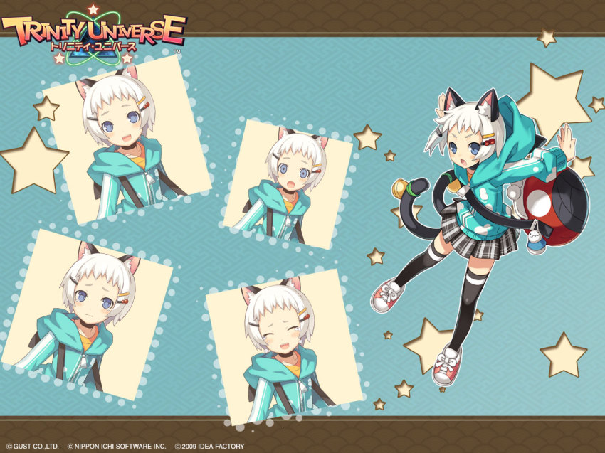00s, 1girl, 2009, animal_ears, aqua_background, bag, blue_eyes, blush